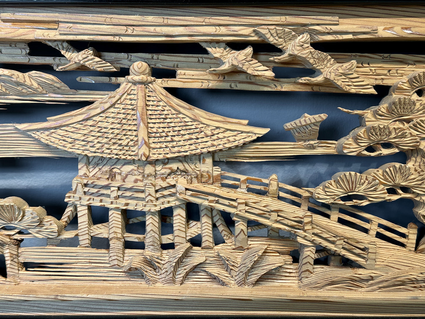 Vintage Japanese Ranma PAIR Pagoda & Bridge Carved Transom Screen Sugi Wood 73"