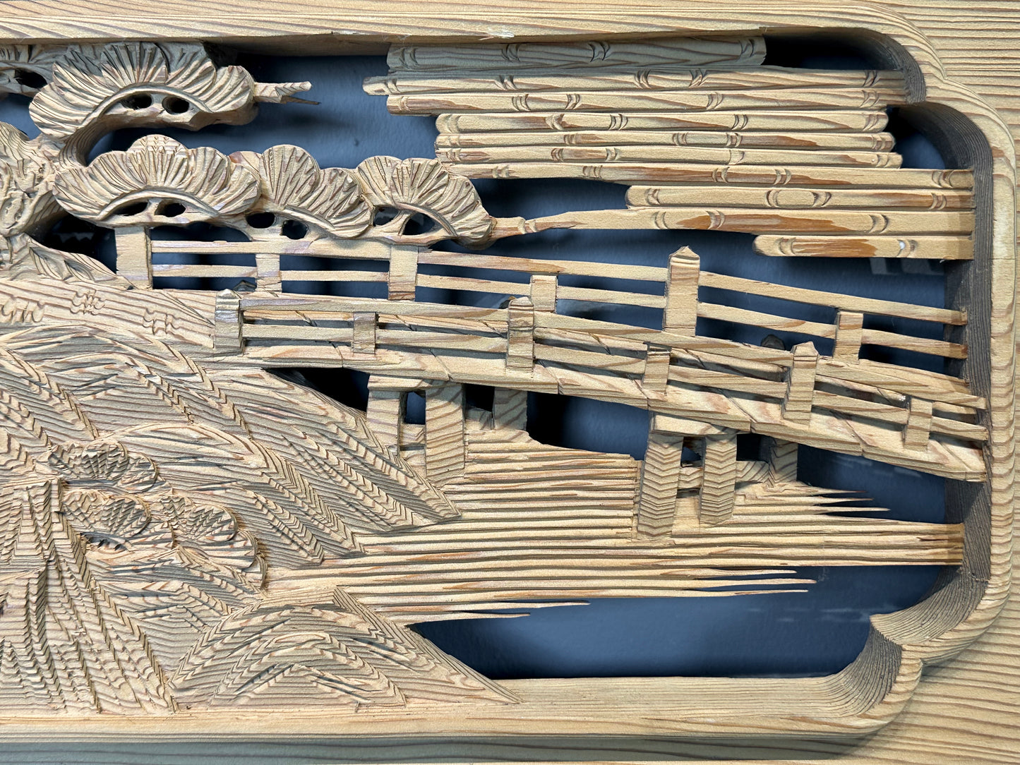 Vintage Japanese Ranma PAIR Pagoda & Bridge Carved Transom Screen Sugi Wood 73"