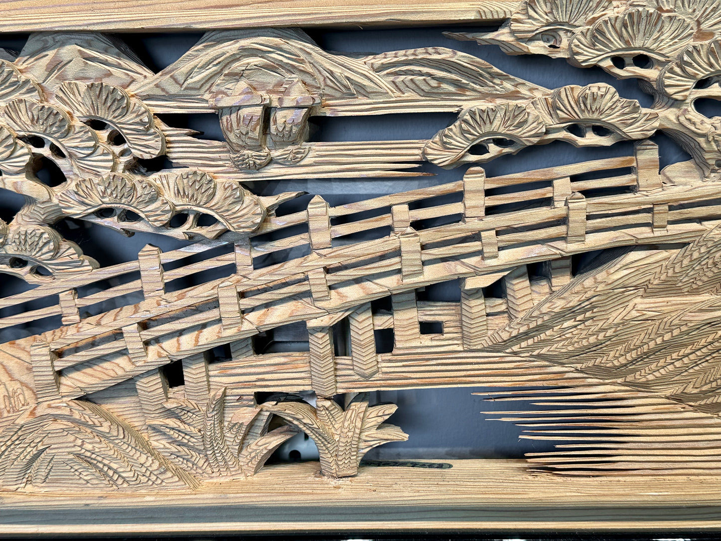 Vintage Japanese Ranma PAIR Pagoda & Bridge Carved Transom Screen Sugi Wood 73"