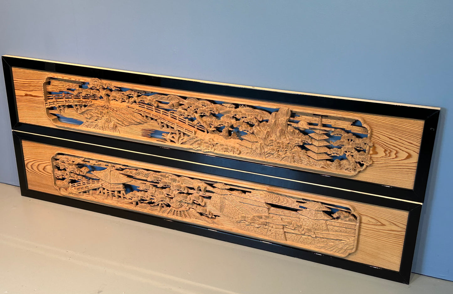 Vintage Japanese Ranma PAIR Pagoda & Bridge Carved Transom Screen Sugi Wood 73"
