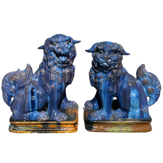 Vintage Chinese Ceramic Foo Dog Pair by Master Tien-Fu Lin Blue Drip Glaze 28”H
