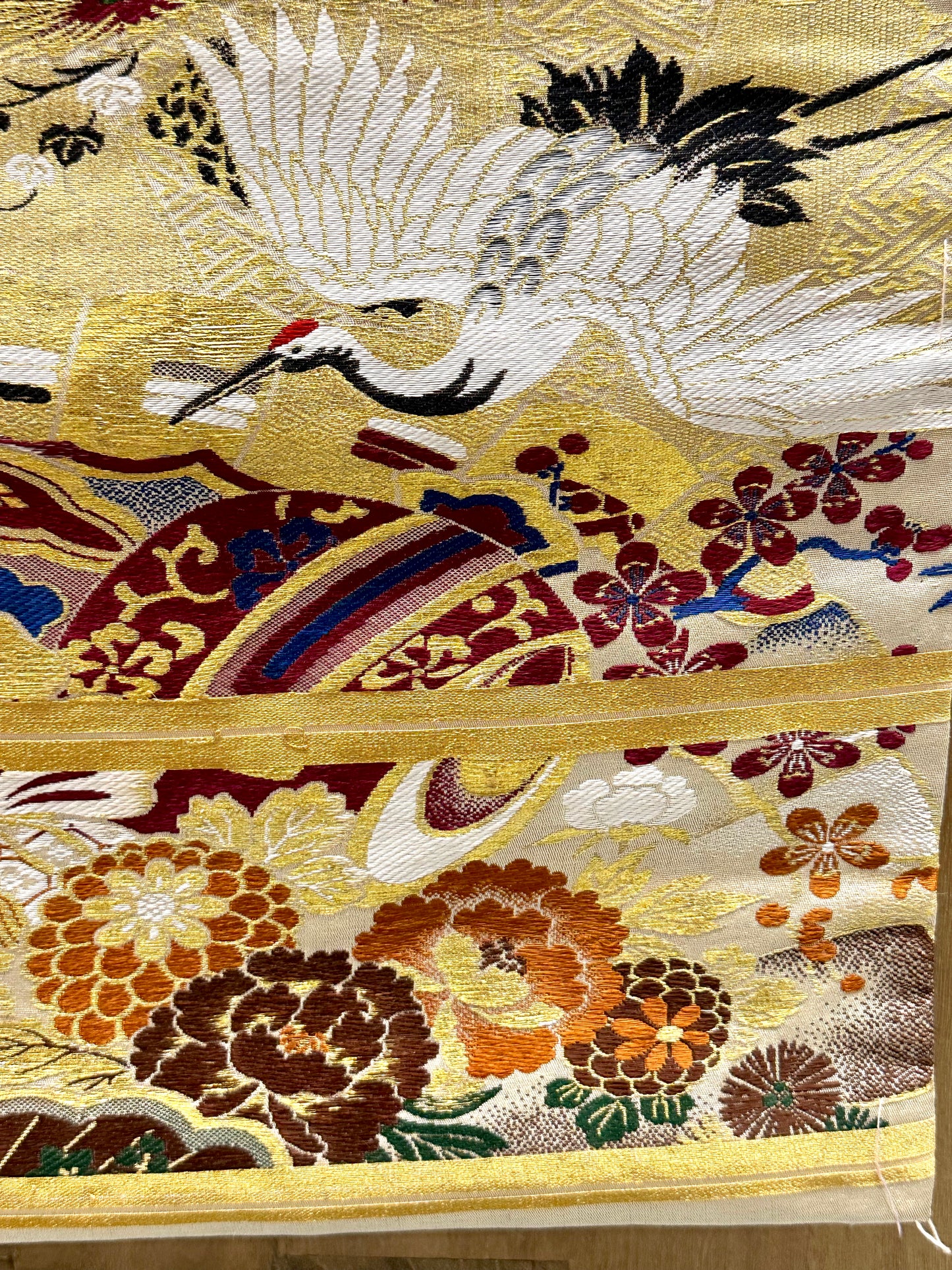 Vintage Japanese Silk Maru Obi Kimono Sash Crane & Daikoku Hammer Motif 13ft