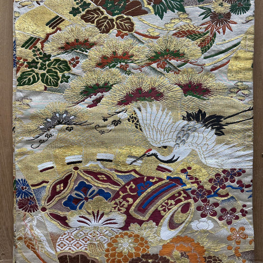 Vintage Japanese Silk Maru Obi Kimono Sash Crane & Daikoku Hammer Motif 13ft