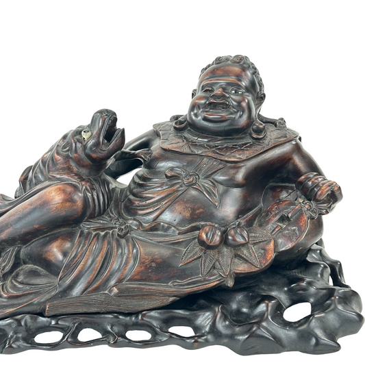 Chinese Hongmu Reclining Budai / Hotei with Three-Legged Lucky Frog – 16"