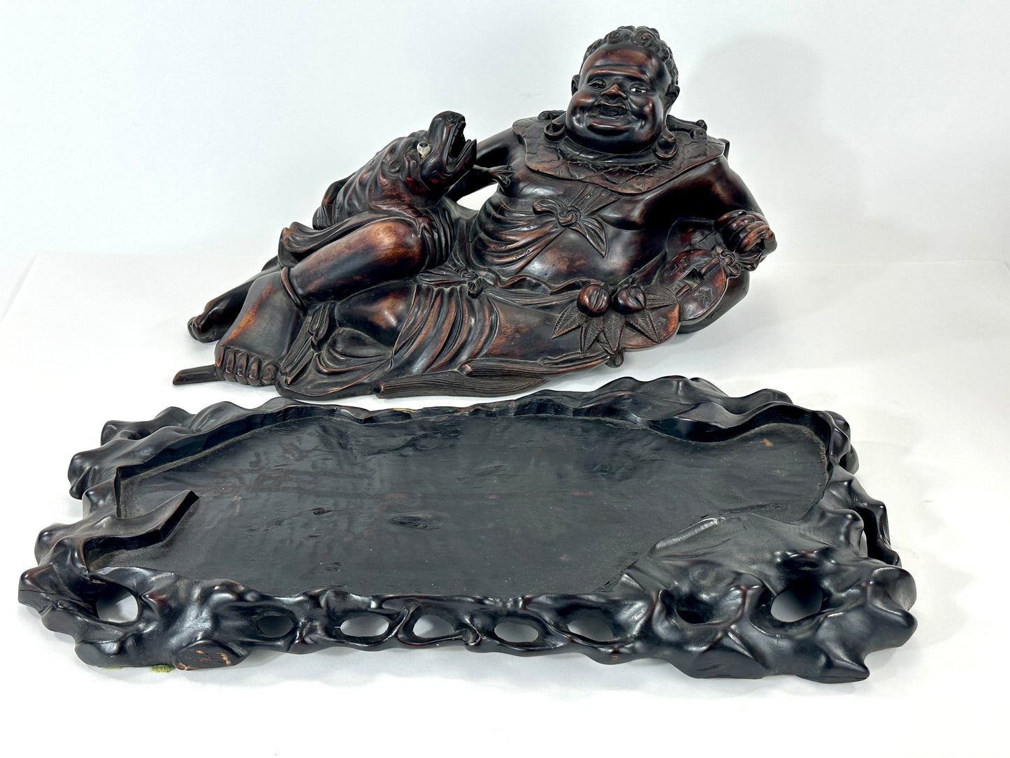 Chinese Hongmu Reclining Budai / Hotei with Three-Legged Lucky Frog – 16"