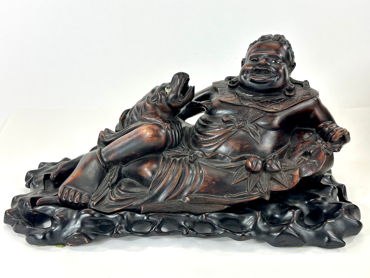 Chinese Hongmu Reclining Budai / Hotei with Three-Legged Lucky Frog – 16"