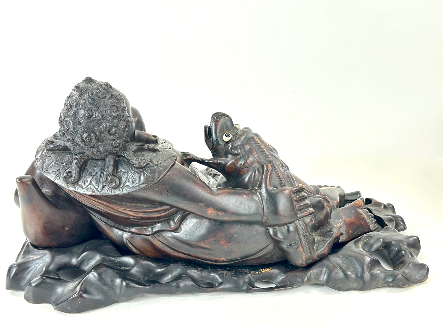 Chinese Hongmu Reclining Budai / Hotei with Three-Legged Lucky Frog – 16"