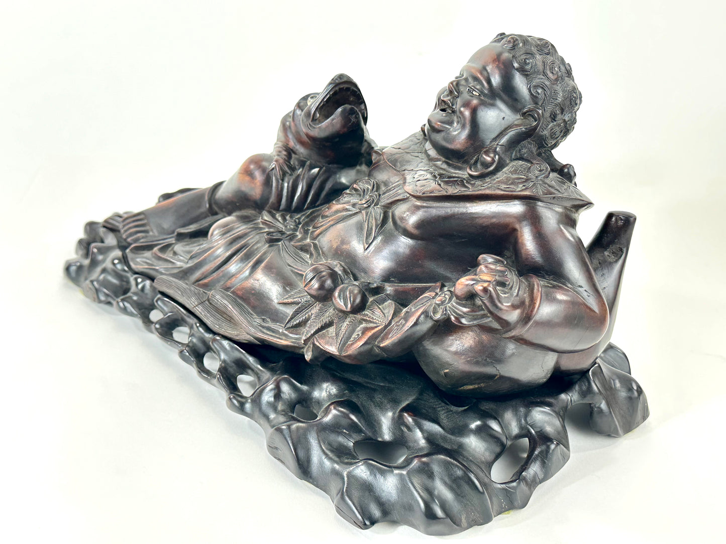 Chinese Hongmu Reclining Budai / Hotei with Three-Legged Lucky Frog – 16"