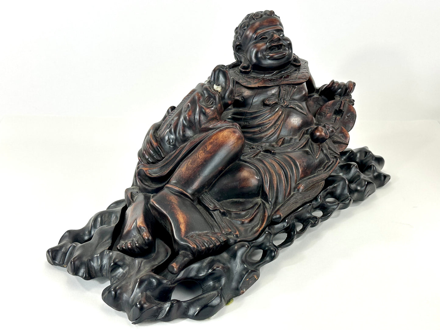 Chinese Hongmu Reclining Budai / Hotei with Three-Legged Lucky Frog – 16"