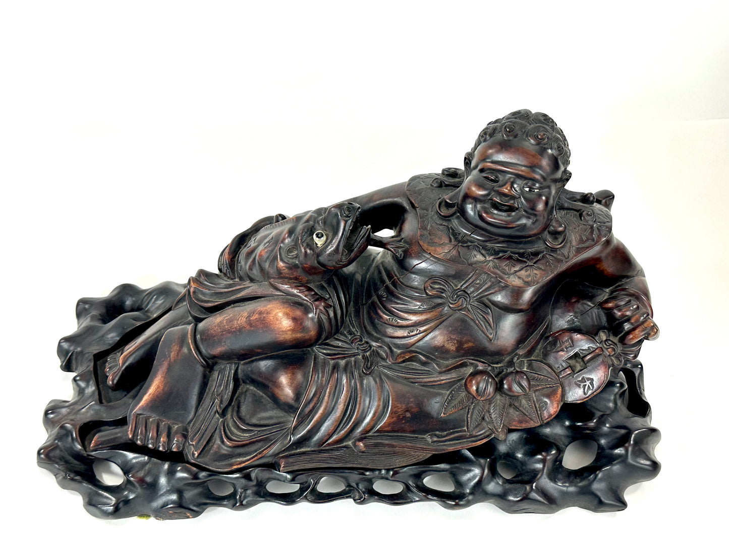 Chinese Hongmu Reclining Budai / Hotei with Three-Legged Lucky Frog – 16"