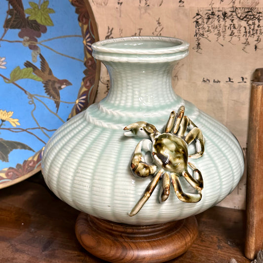 Vintage Japanese Celadon Basket-Weave Vase with Applied Crab 9.5"