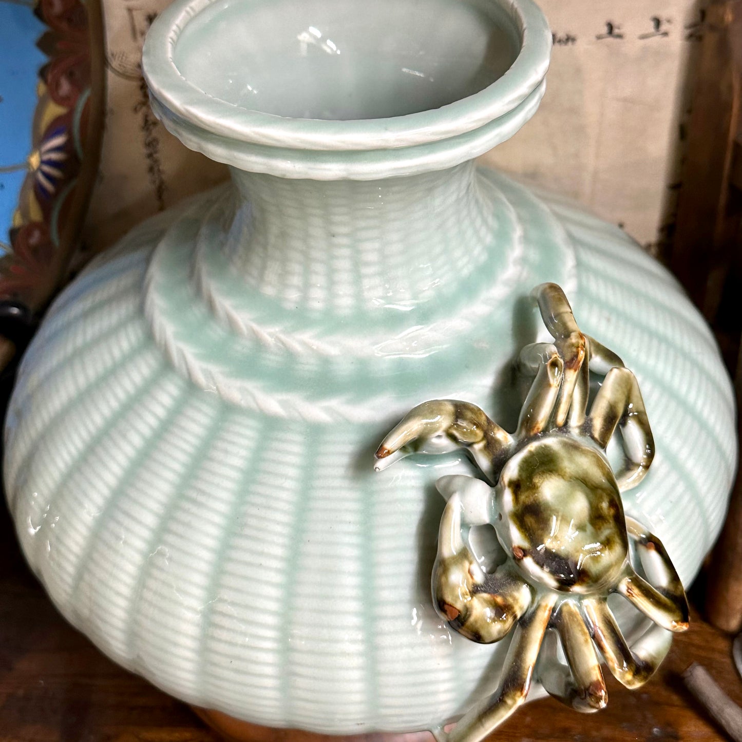 Vintage Japanese Celadon Basket-Weave Vase with Applied Crab 9.5"
