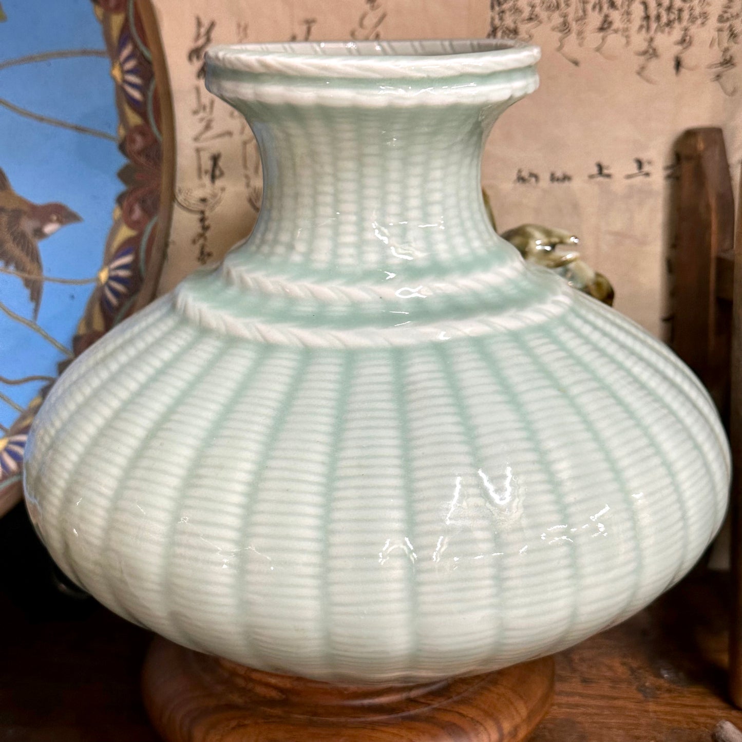 Vintage Japanese Celadon Basket-Weave Vase with Applied Crab 9.5"