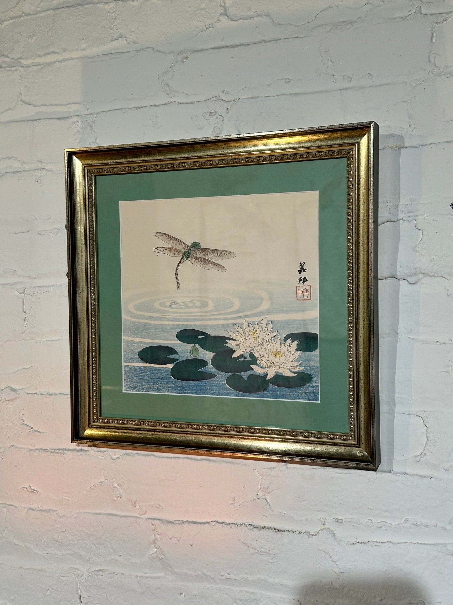 Original Print by Takahashi Biho c1900: Dragonfly & Lotus Framed 14" LS#034