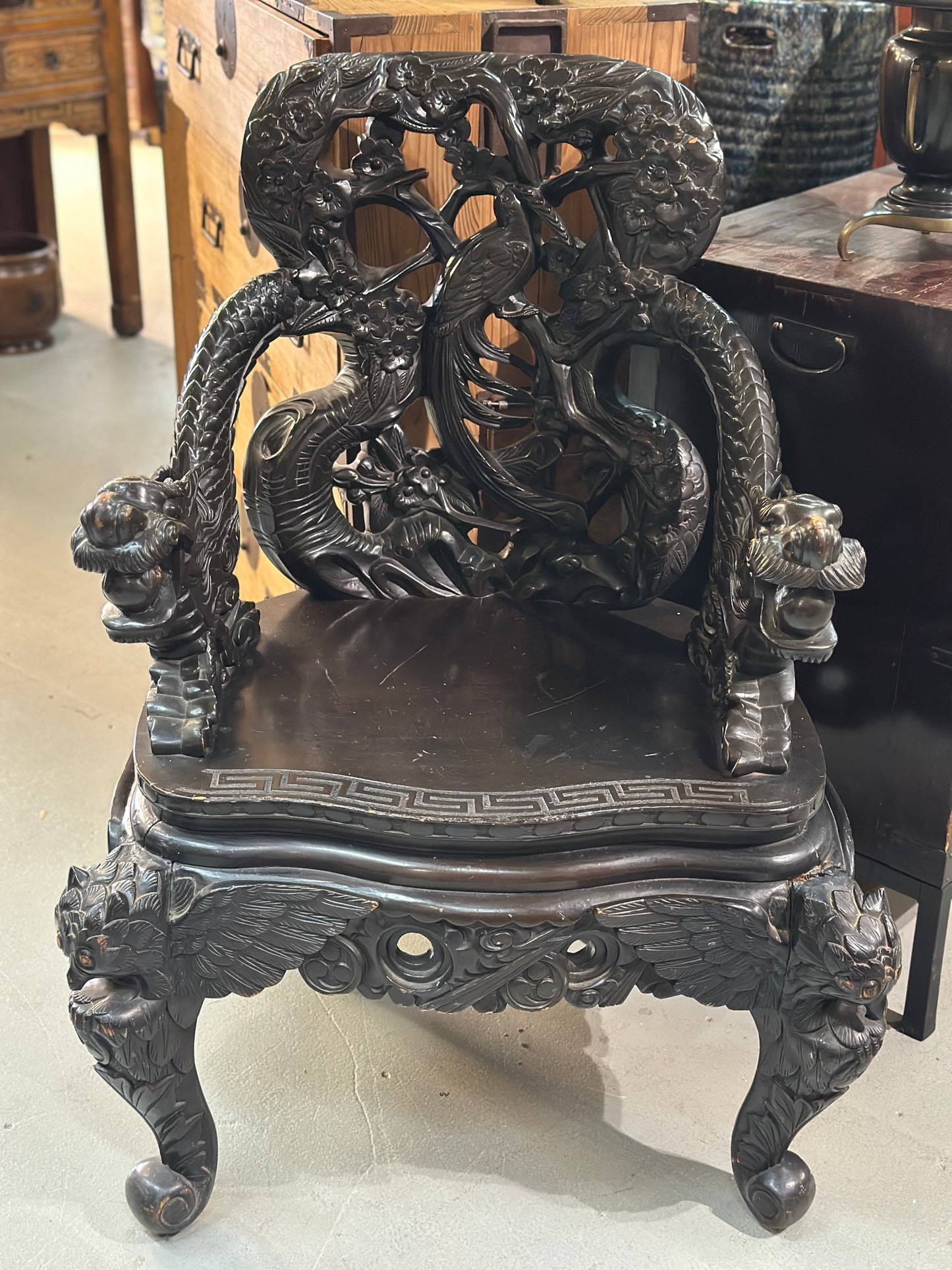 Japanese Dragon-Carved Export Armchair in Sugi Wood Meiji Era, c.1900 18.5" Seat