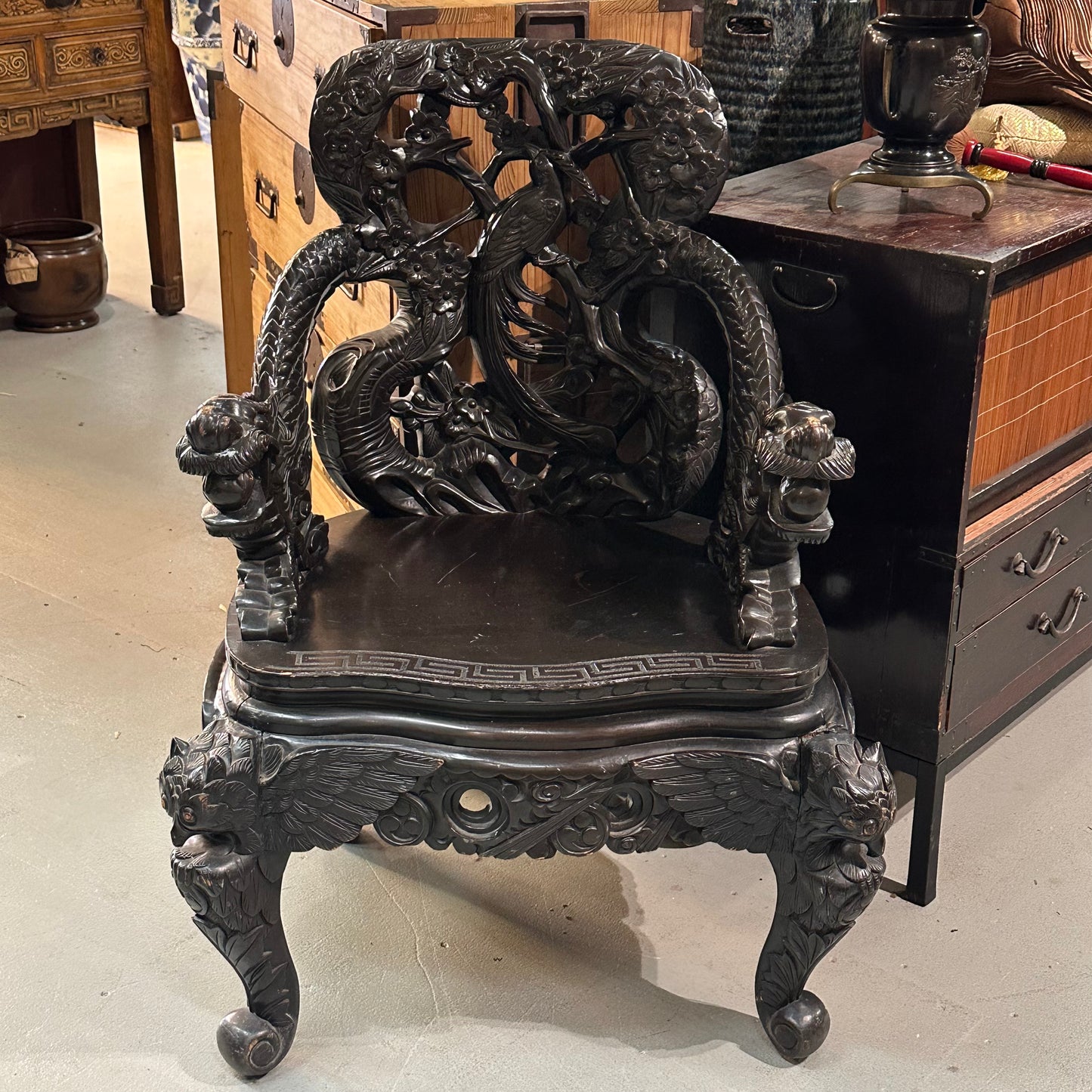 Japanese Dragon-Carved Export Armchair in Sugi Wood Meiji Era, c.1900 18.5" Seat