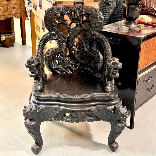 Japanese Dragon-Carved Export Armchair in Sugi Wood Meiji Era, c.1900 18.5" Seat