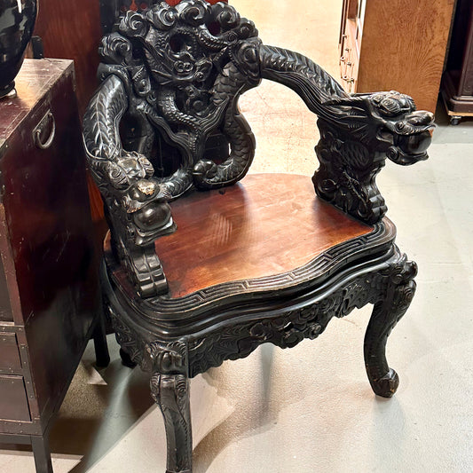 Japanese Dragon-Carved Export Armchair in Sugi Wood Meiji Era, c.1900 18" Seat