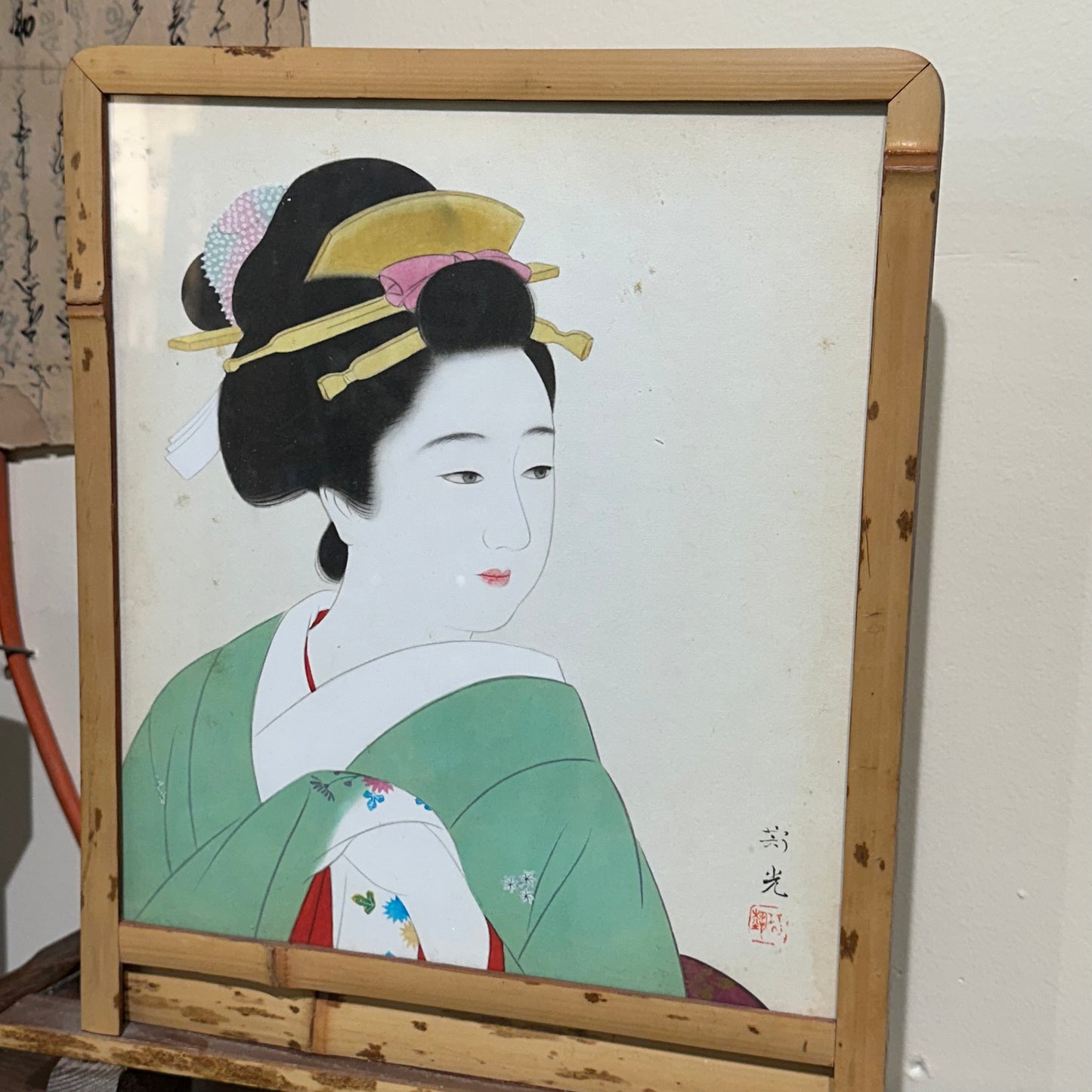 Elegant Portrait of a Geisha in Green Kimono Shin-hanga Style 14"H