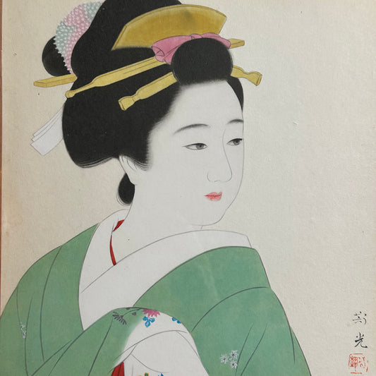 Elegant Portrait of a Geisha in Green Kimono Shin-hanga Style 14"H