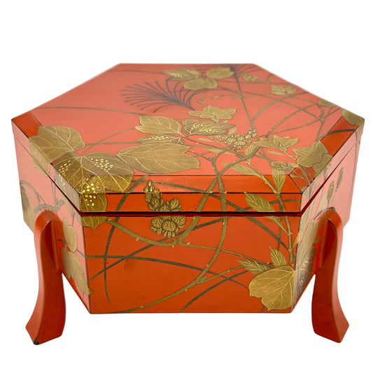 Antique Japanese Vermilion Hexagonal Lacquer Box Gold Maki-e Floral Motif