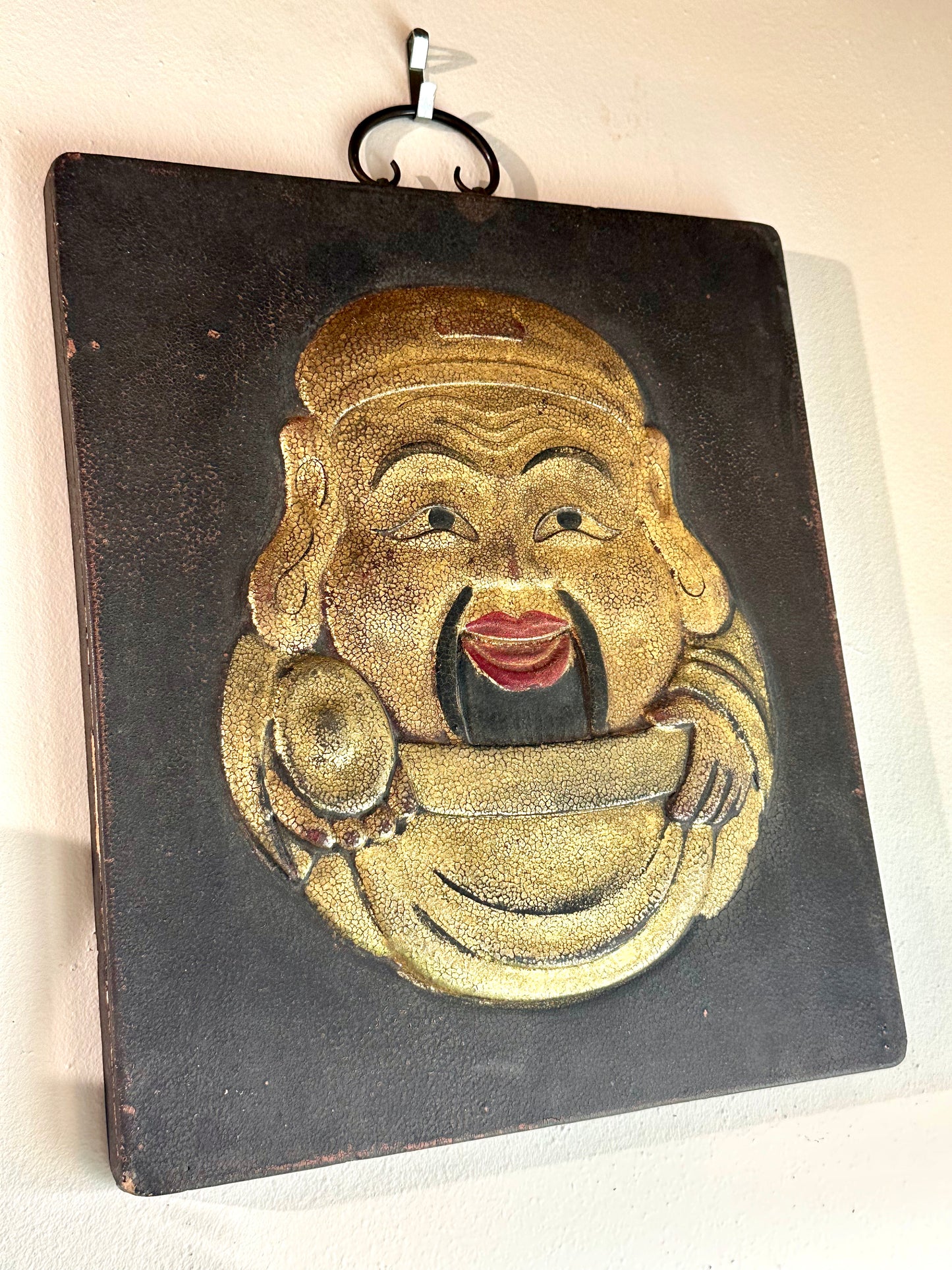 Japanese 19th Century Gilt Welcome Sign Hotei Painted Wood Kanban 14" LS#070