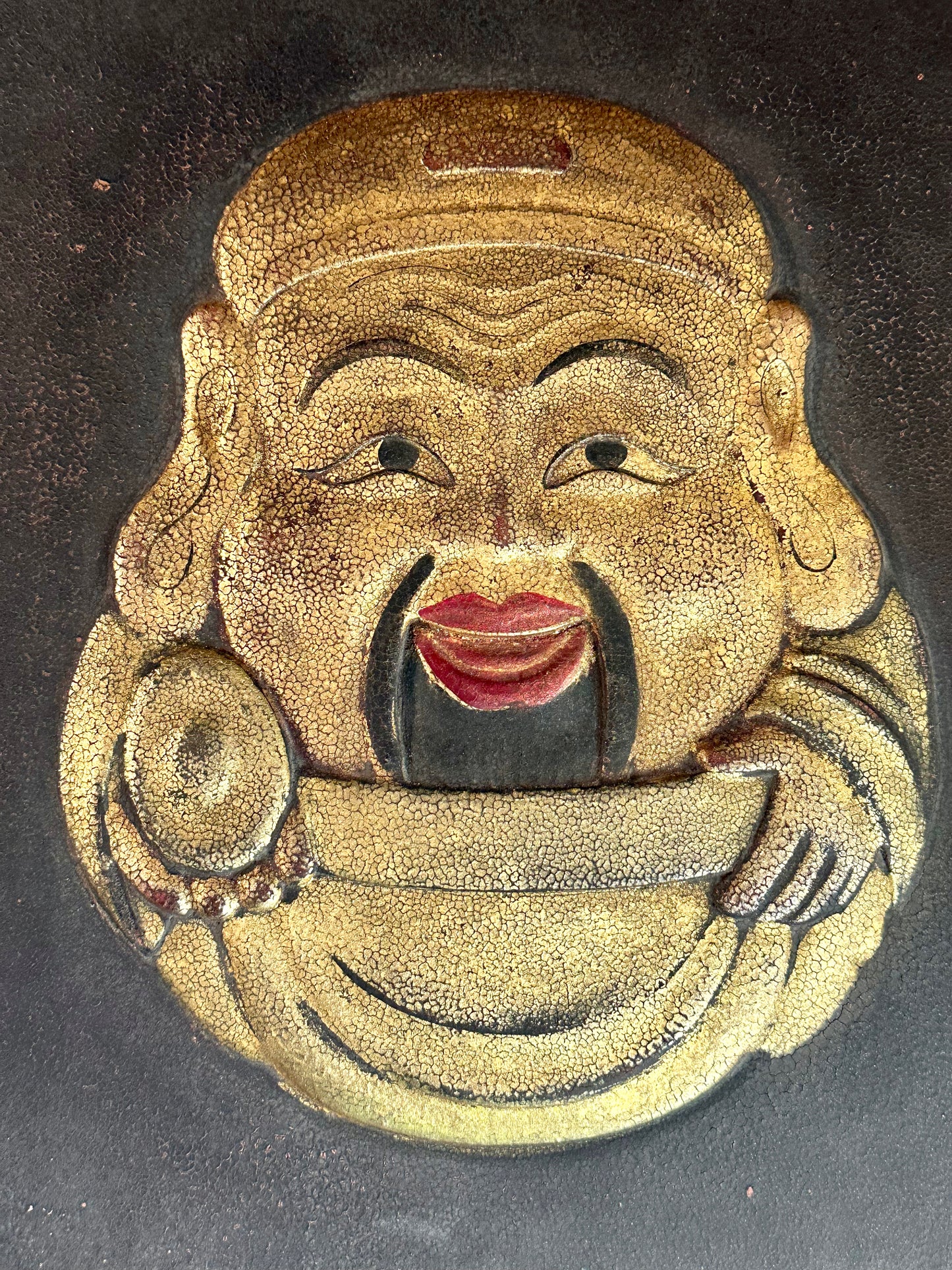 Japanese 19th Century Gilt Welcome Sign Hotei Painted Wood Kanban 14" LS#070