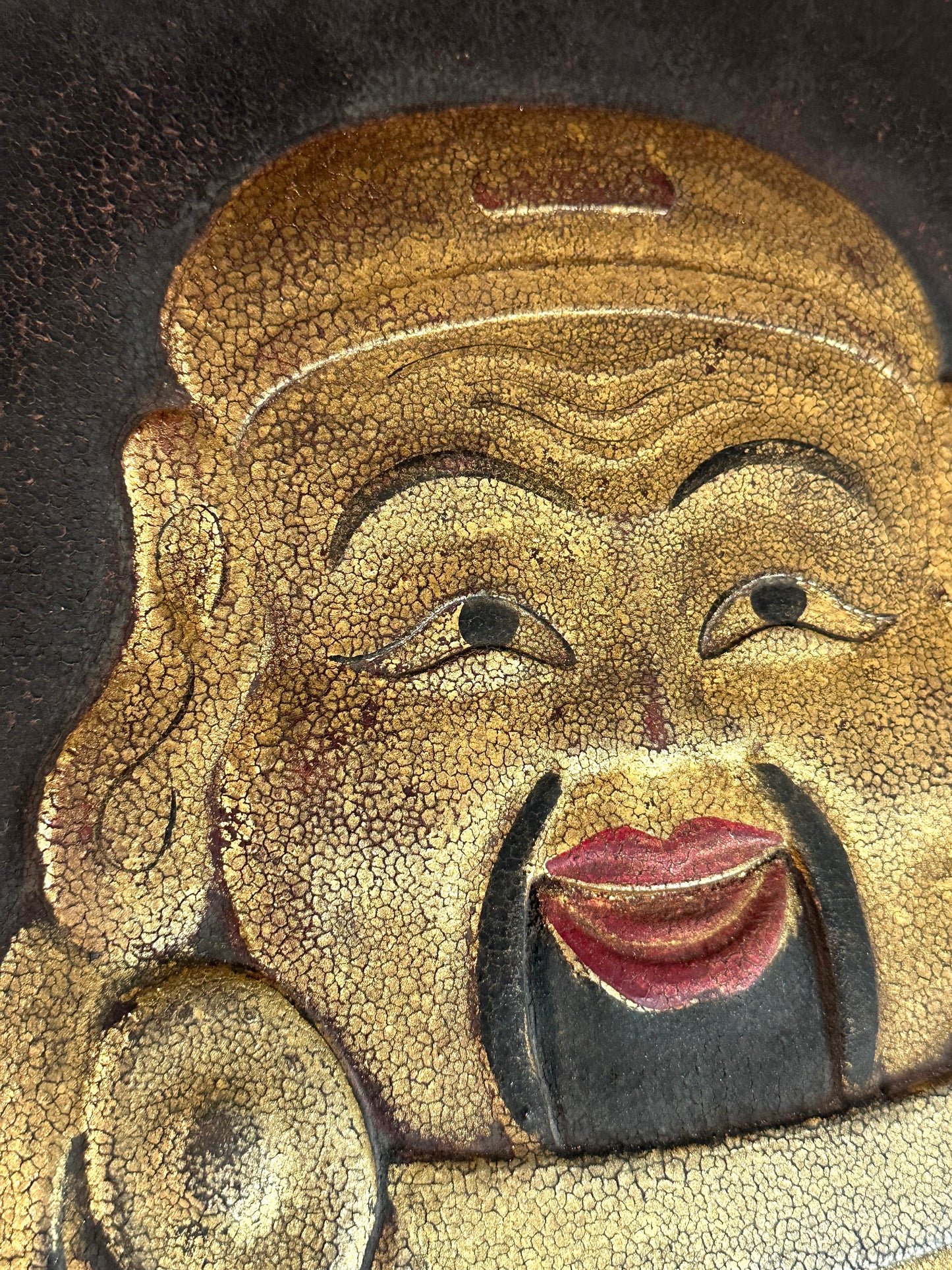 Japanese 19th Century Gilt Welcome Sign Hotei Painted Wood Kanban 14" LS#070