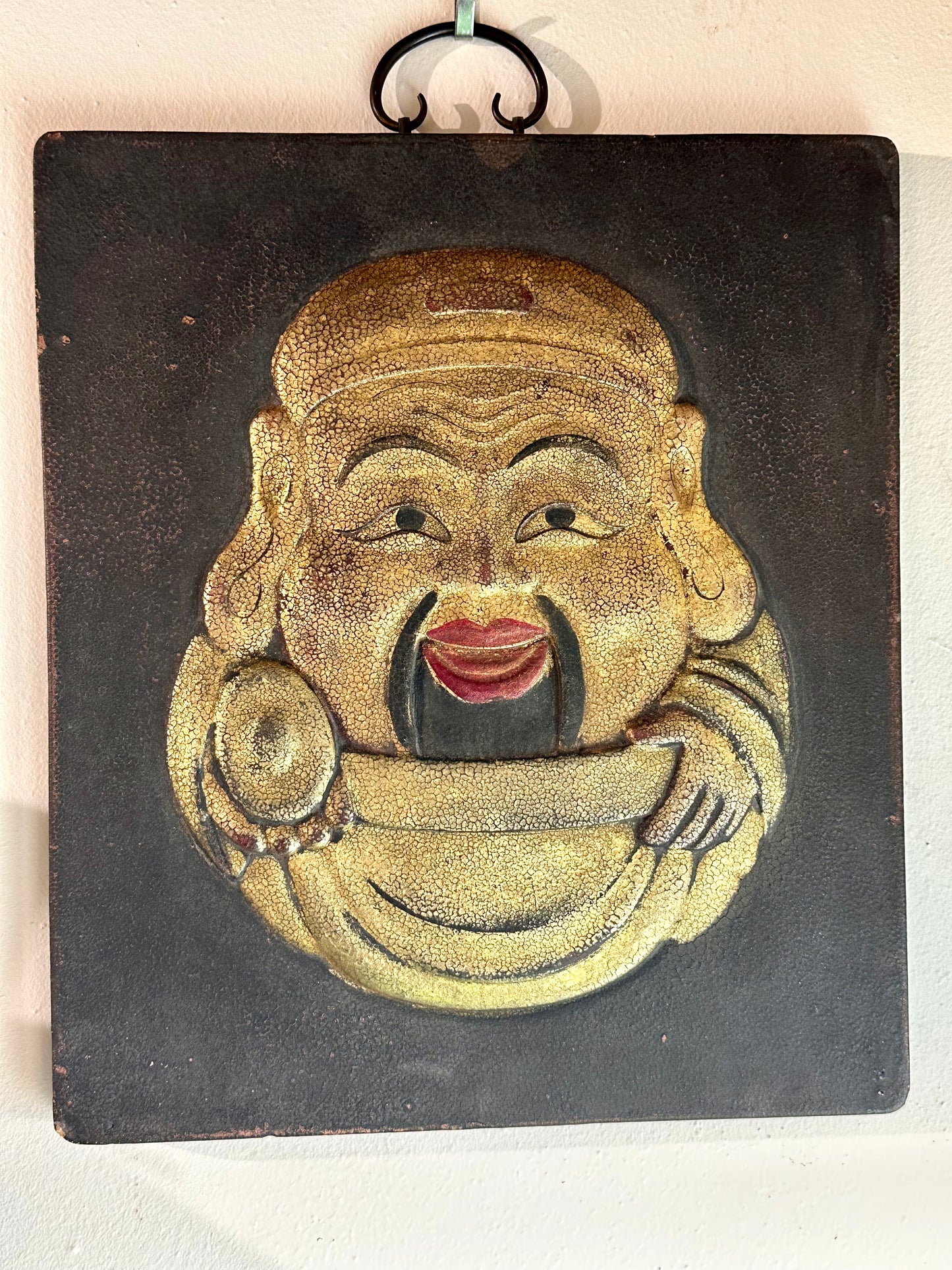 Japanese 19th Century Gilt Welcome Sign Hotei Painted Wood Kanban 14" LS#070