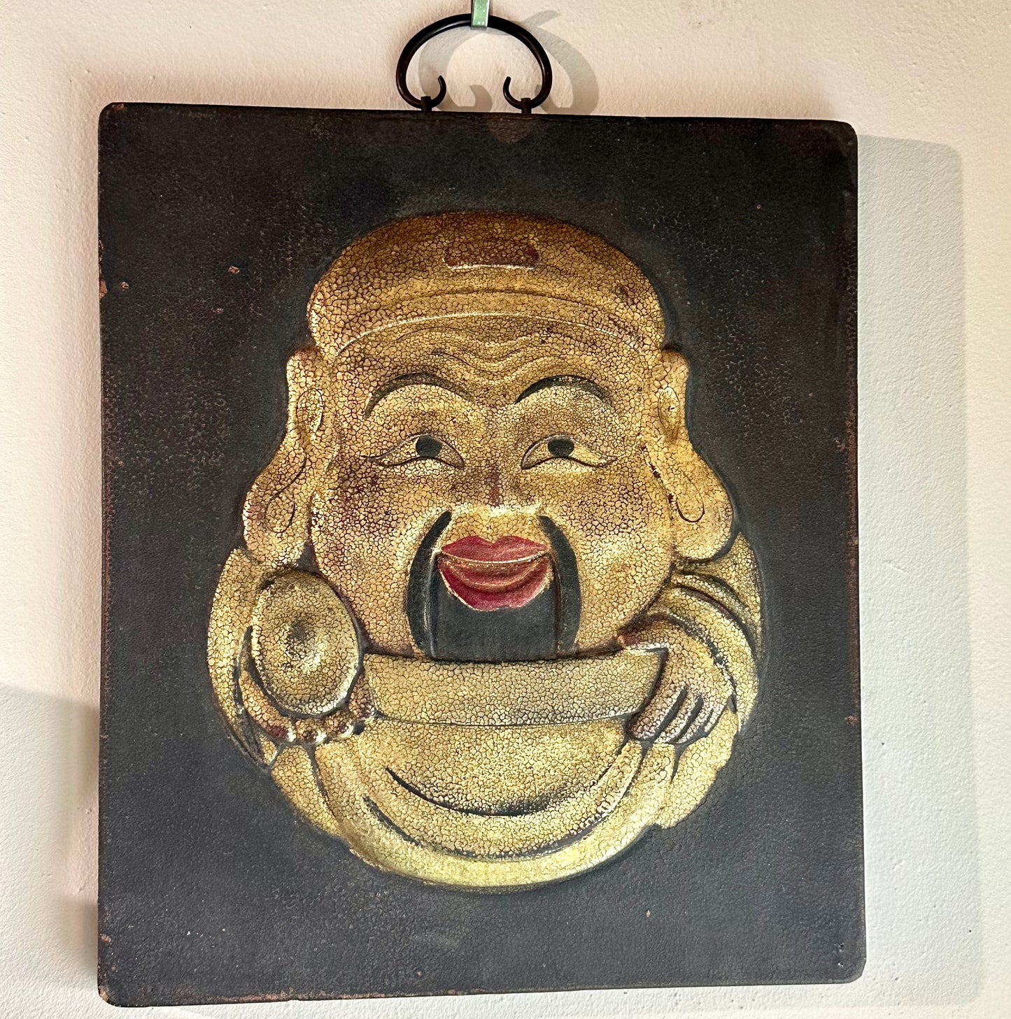 Japanese 19th Century Gilt Welcome Sign Hotei Painted Wood Kanban 14" LS#070
