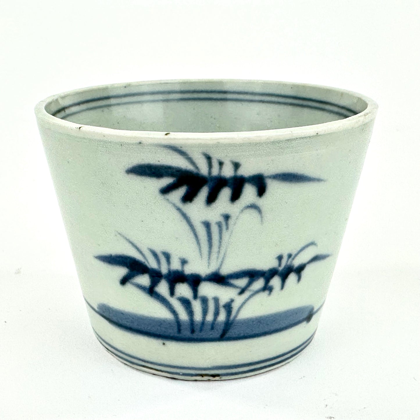 Antique Japanese Late Edo Period Blue & White Porcelain Sobachoko Cup Brush Painted Flora Design