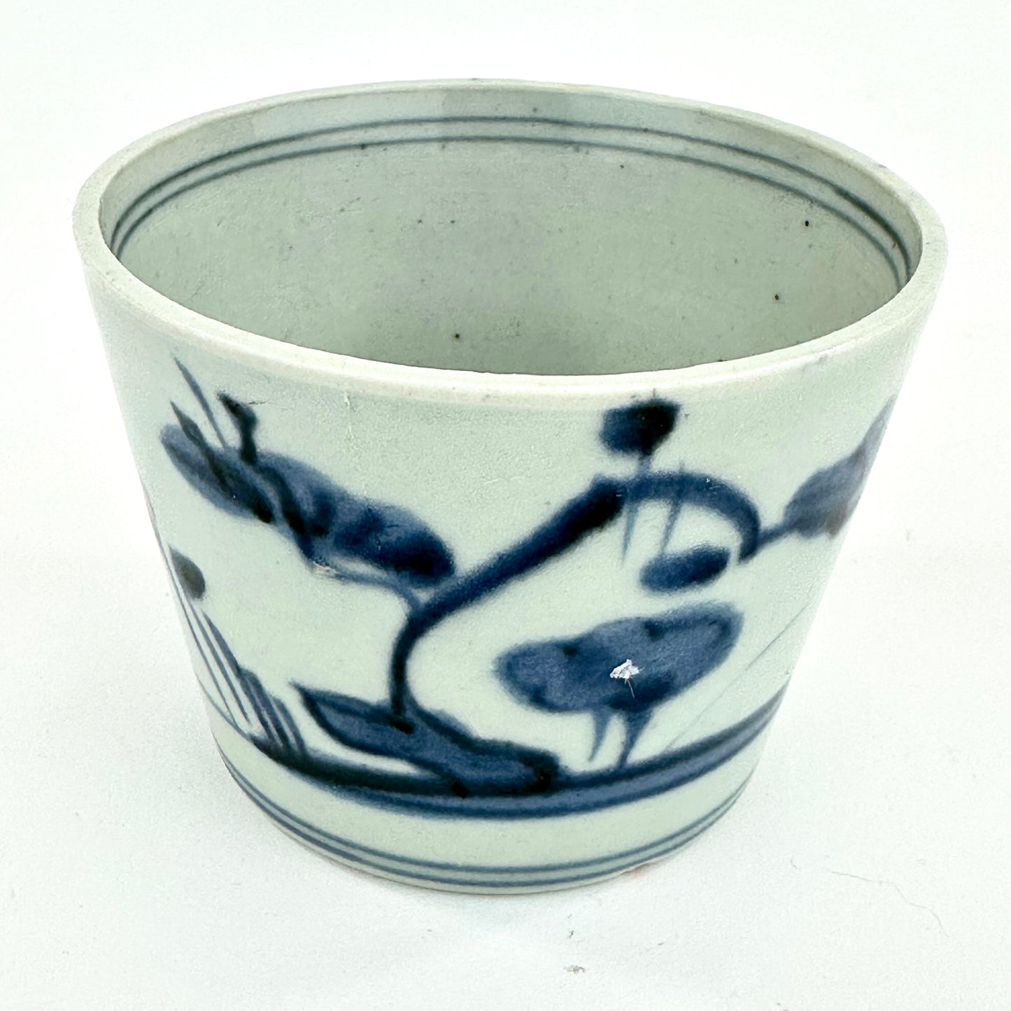 Antique Japanese Late Edo Period Blue & White Porcelain Sobachoko Cup Brush Painted Flora Design