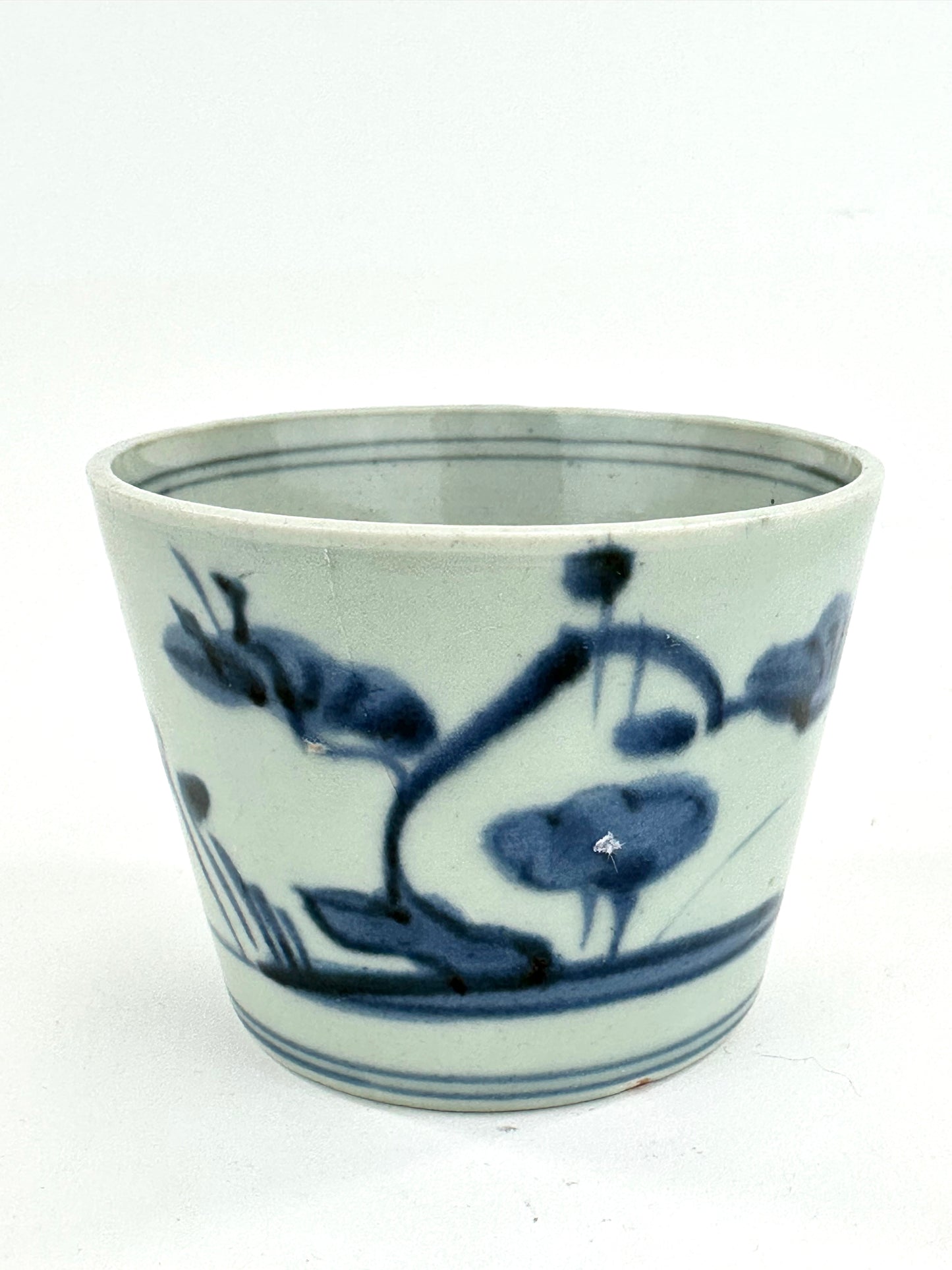 Antique Japanese Late Edo Period Blue & White Porcelain Sobachoko Cup Brush Painted Flora Design