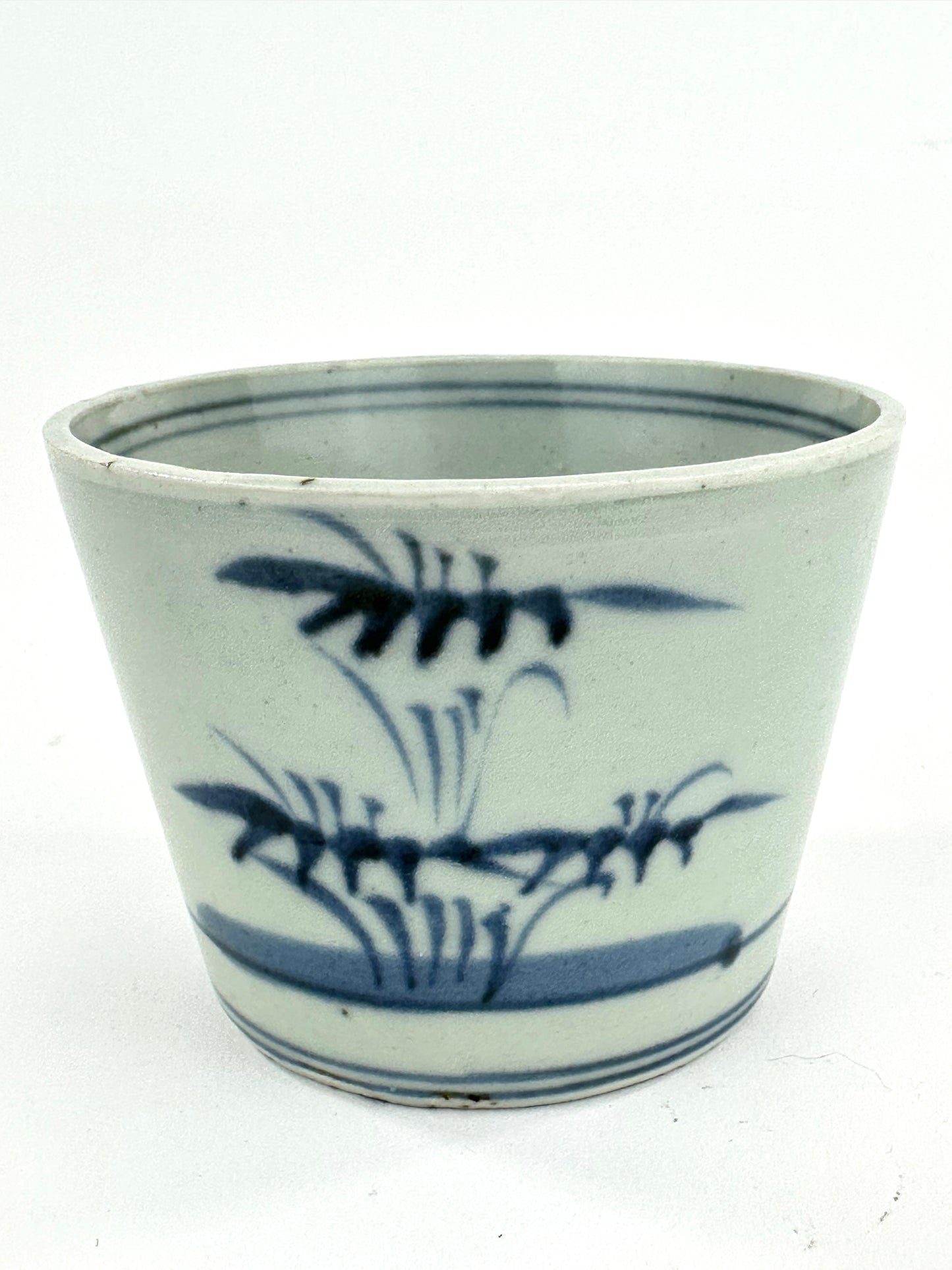 Antique Japanese Late Edo Period Blue & White Porcelain Sobachoko Cup Brush Painted Flora Design