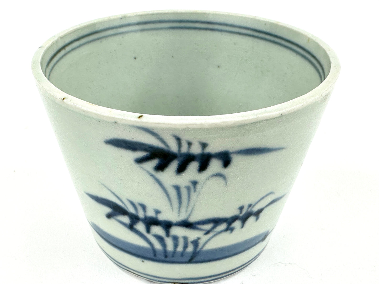 Antique Japanese Late Edo Period Blue & White Porcelain Sobachoko Cup Brush Painted Flora Design
