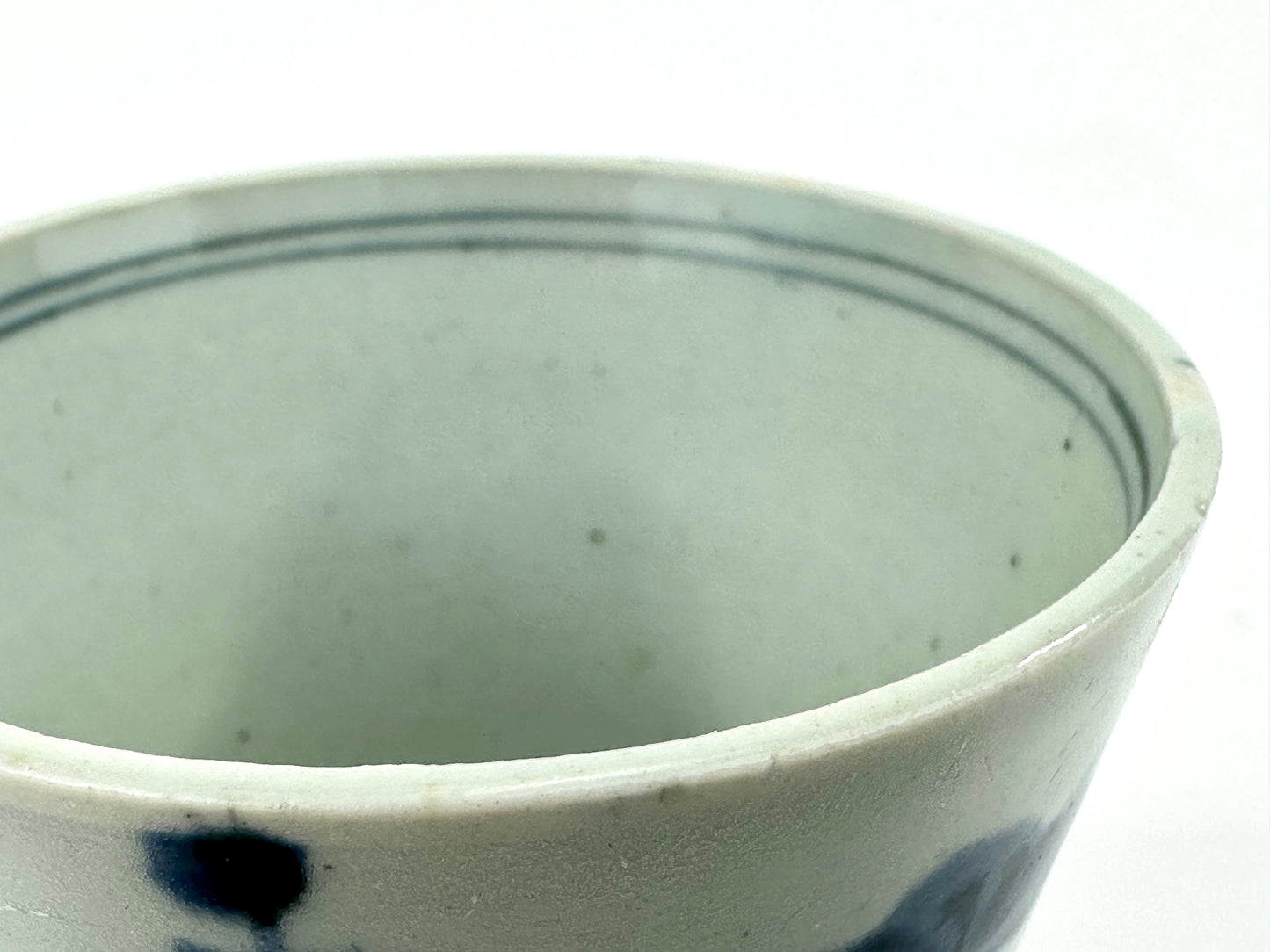 Antique Japanese Late Edo Period Blue & White Porcelain Sobachoko Cup Brush Painted Flora Design