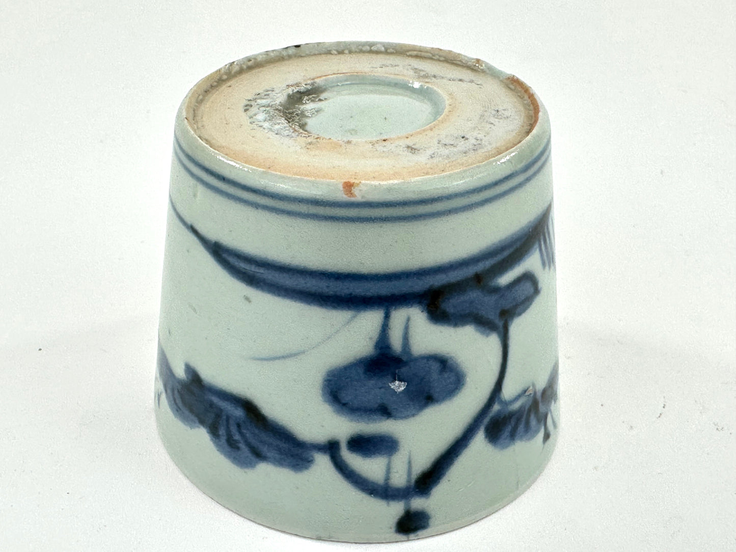 Antique Japanese Late Edo Period Blue & White Porcelain Sobachoko Cup Brush Painted Flora Design