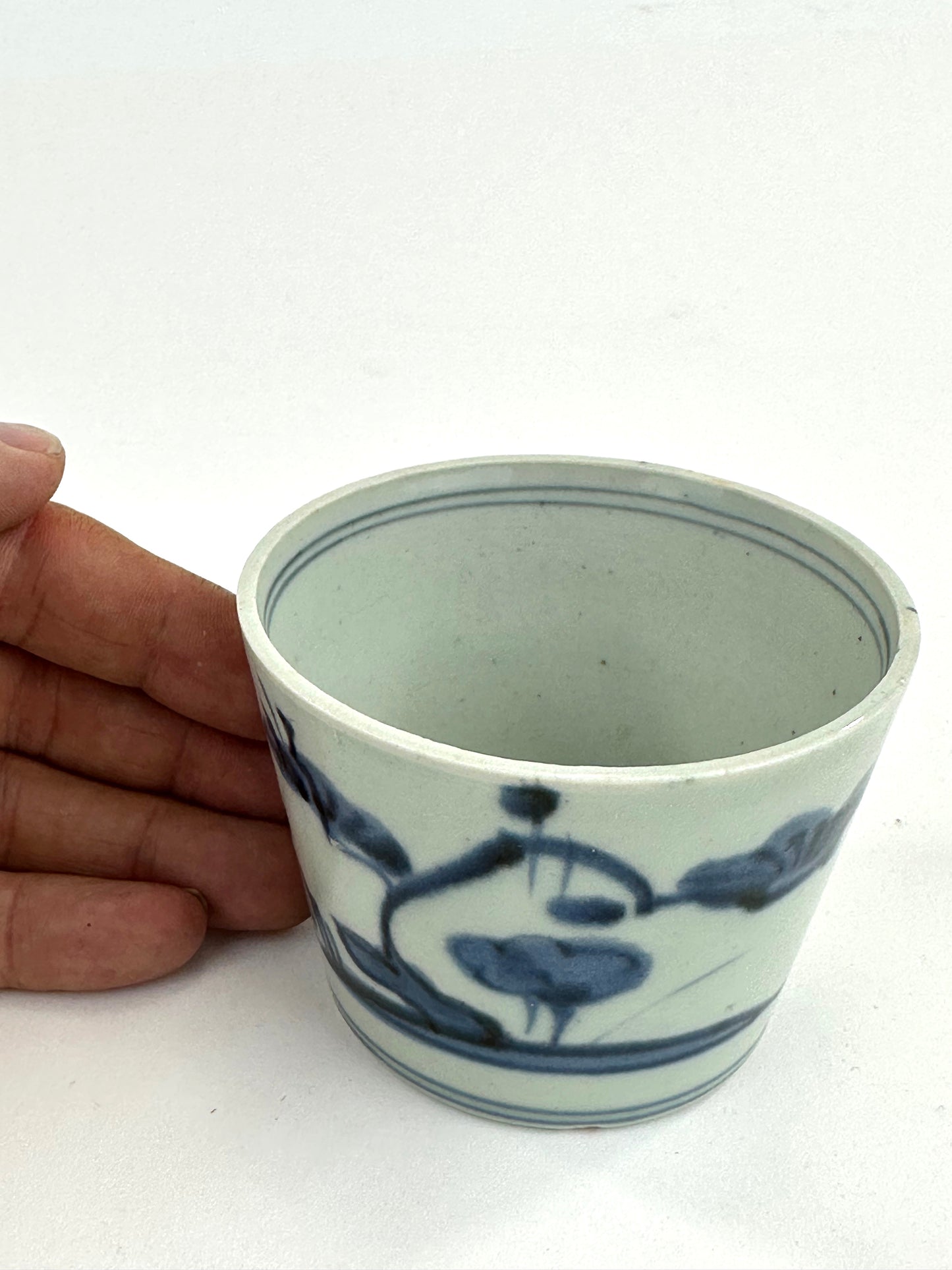Antique Japanese Late Edo Period Blue & White Porcelain Sobachoko Cup Brush Painted Flora Design