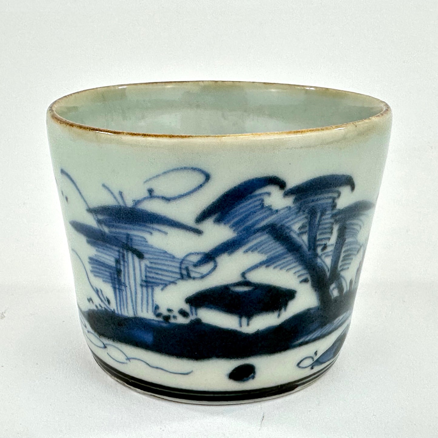 Antique Japanese Late Edo Period Blue & White Porcelain Sobachoko Cup Landscape Design