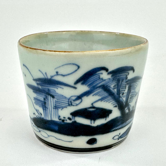 Antique Japanese Late Edo Period Blue & White Porcelain Sobachoko Cup Landscape Design