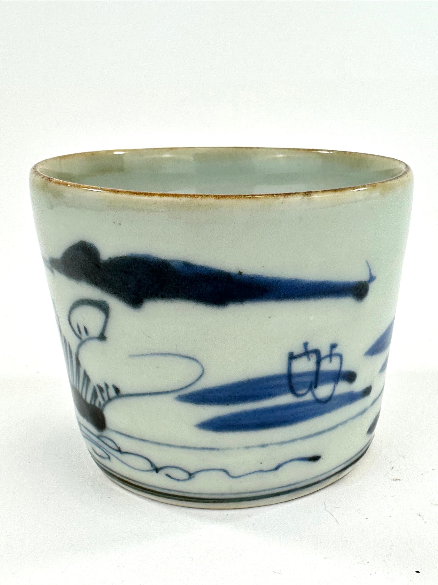 Antique Japanese Late Edo Period Blue & White Porcelain Sobachoko Cup Landscape Design