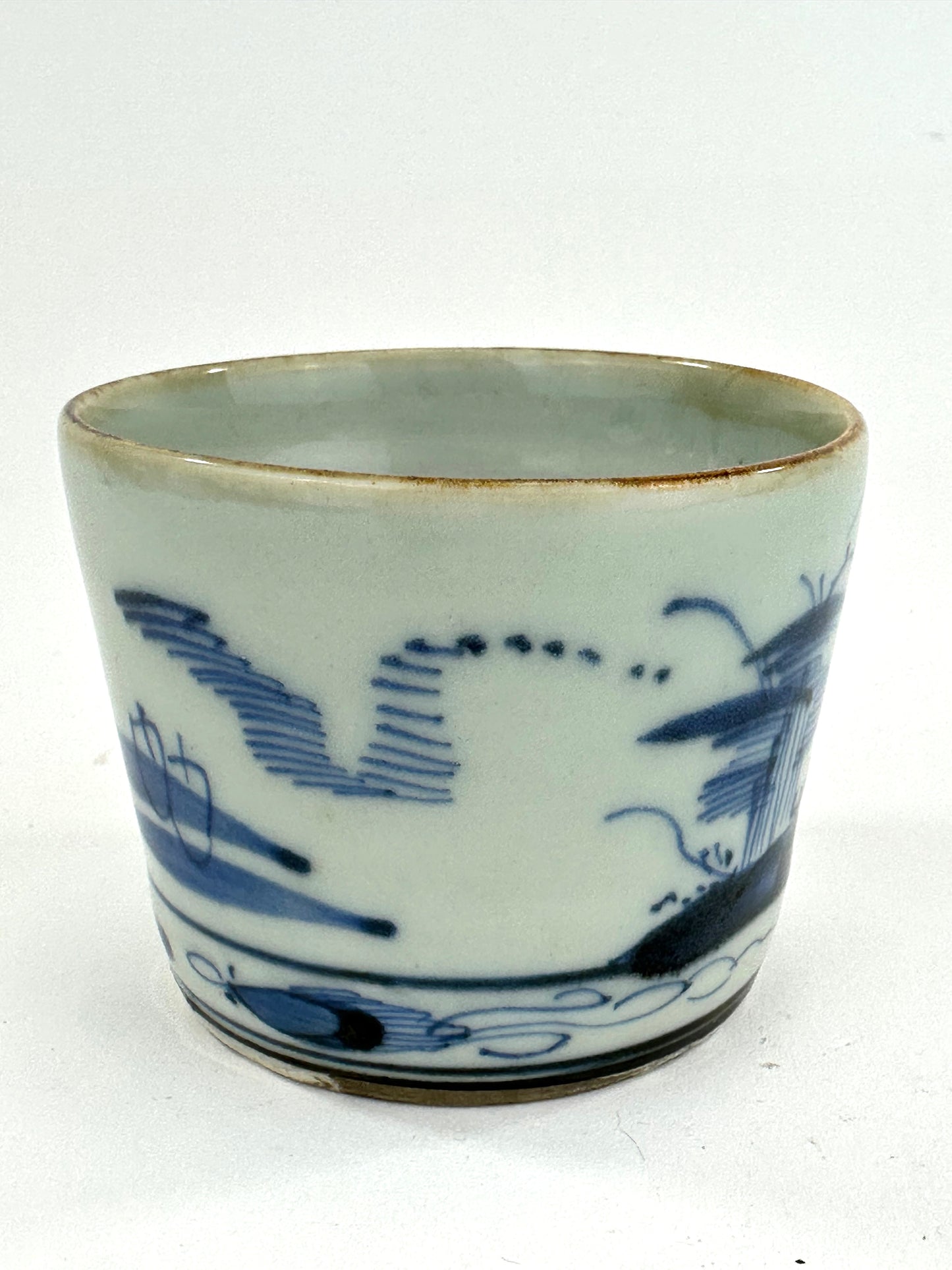 Antique Japanese Late Edo Period Blue & White Porcelain Sobachoko Cup Landscape Design