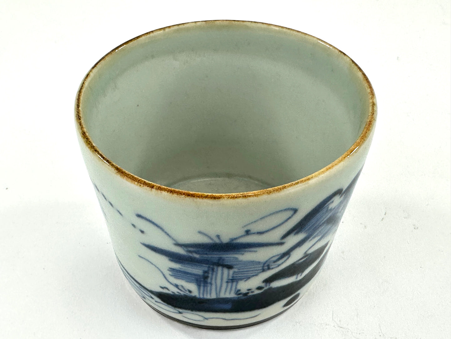 Antique Japanese Late Edo Period Blue & White Porcelain Sobachoko Cup Landscape Design