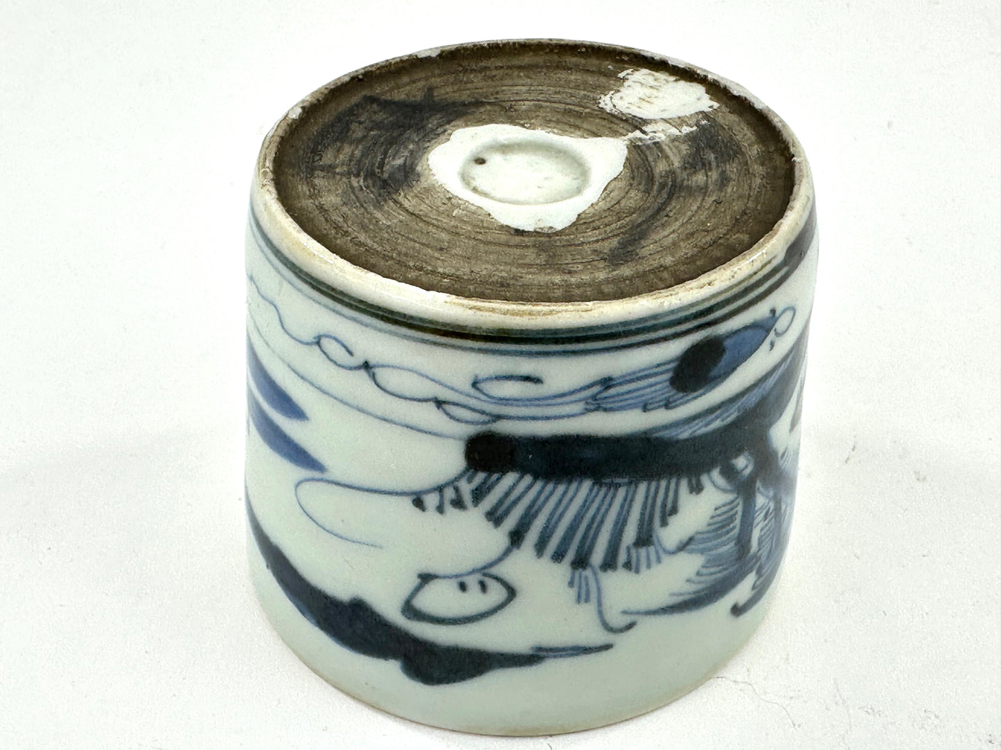 Antique Japanese Late Edo Period Blue & White Porcelain Sobachoko Cup Landscape Design