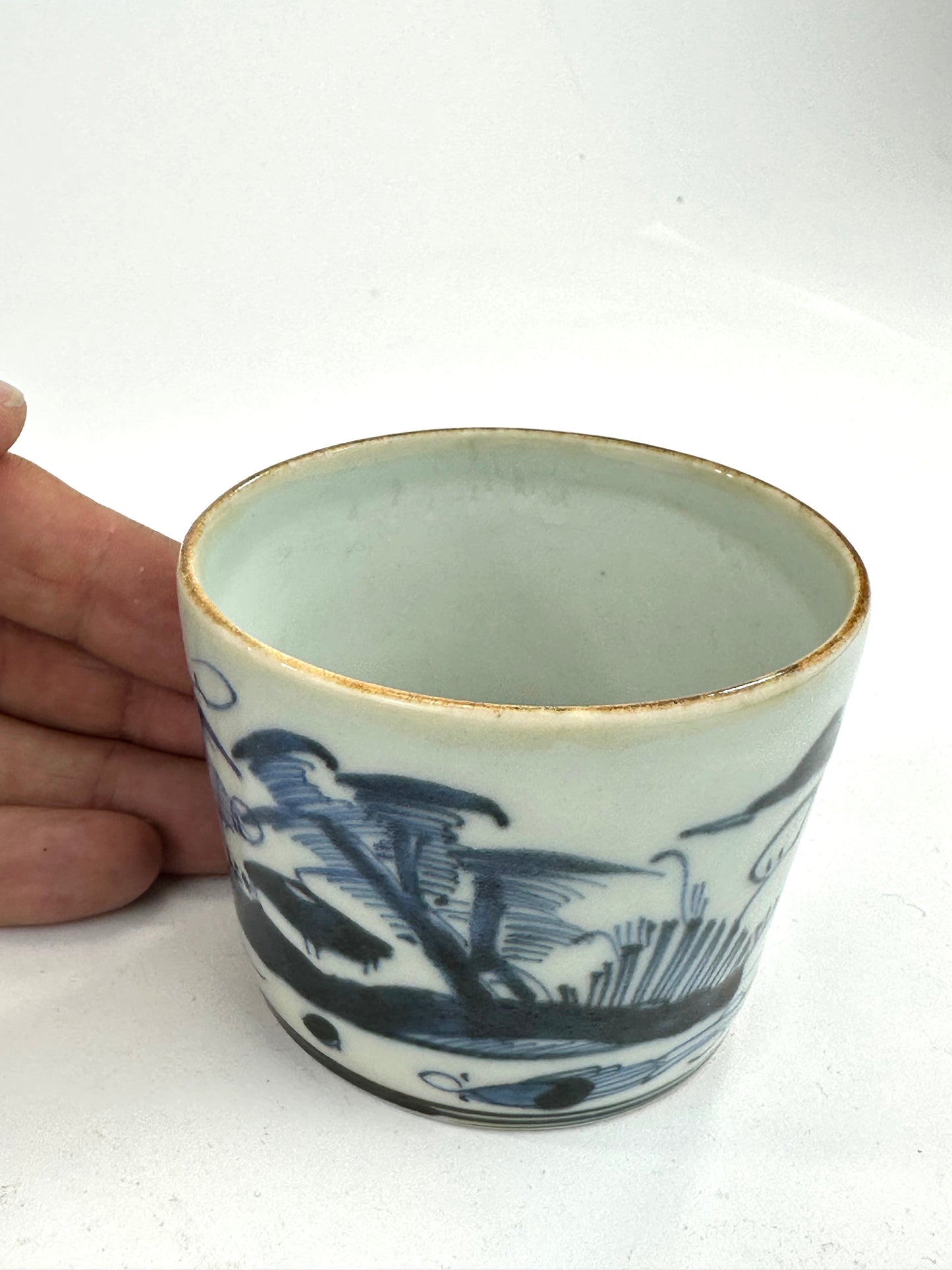 Antique Japanese Late Edo Period Blue & White Porcelain Sobachoko Cup Landscape Design