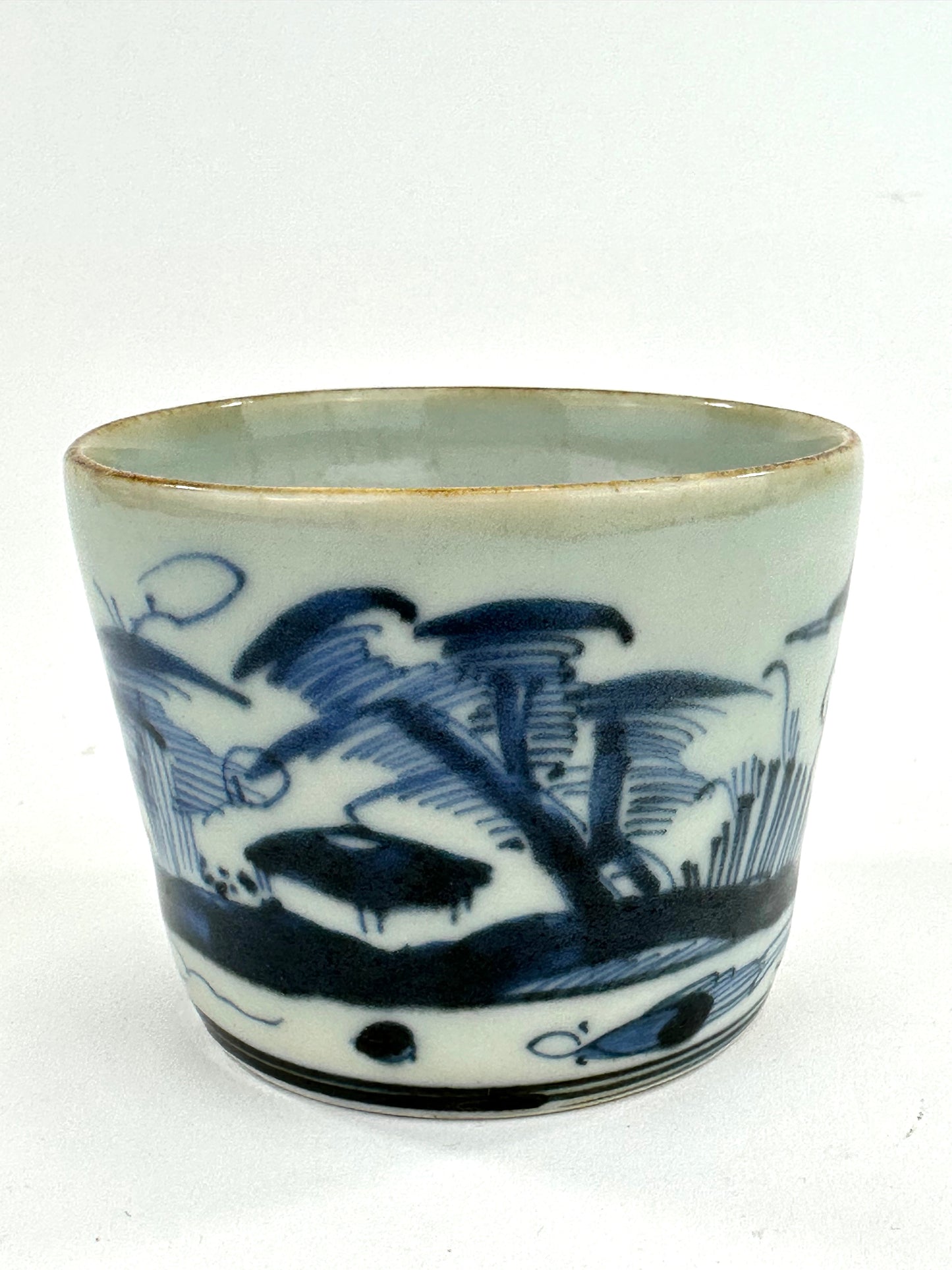 Antique Japanese Late Edo Period Blue & White Porcelain Sobachoko Cup Landscape Design