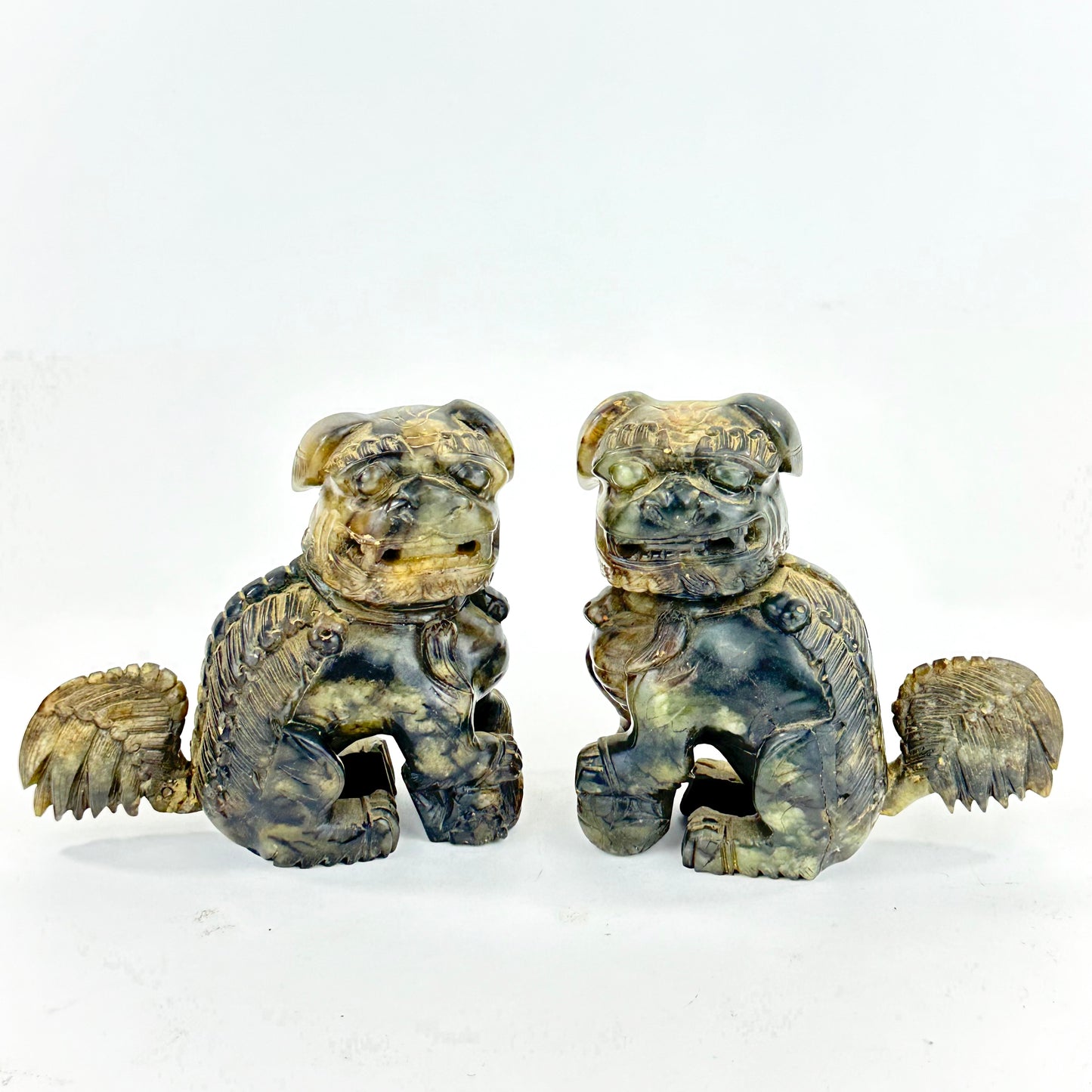 Pair of Hand-Carved Chinese Stone Foo Dogs (Shishi Guardian Lions) 20th C ~4"H