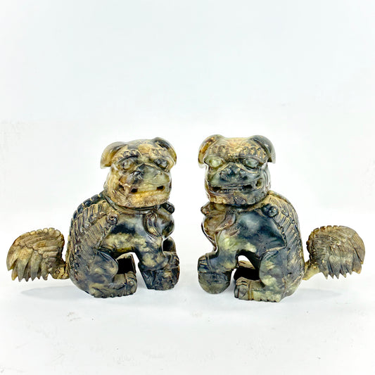 Pair of Hand-Carved Chinese Stone Foo Dogs (Shishi Guardian Lions) 20th C ~4"H