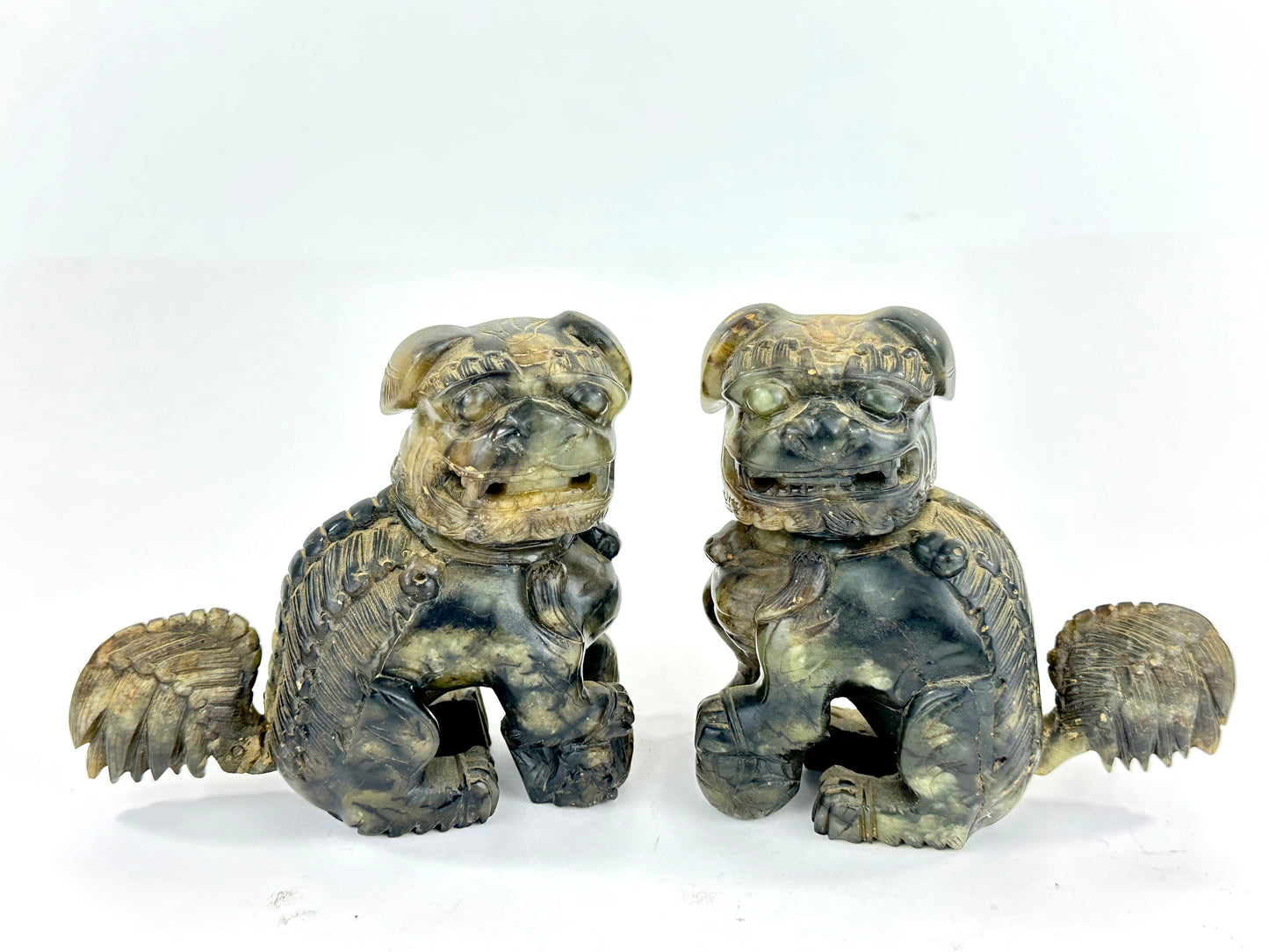 Pair of Hand-Carved Chinese Stone Foo Dogs (Shishi Guardian Lions) 20th C ~4"H