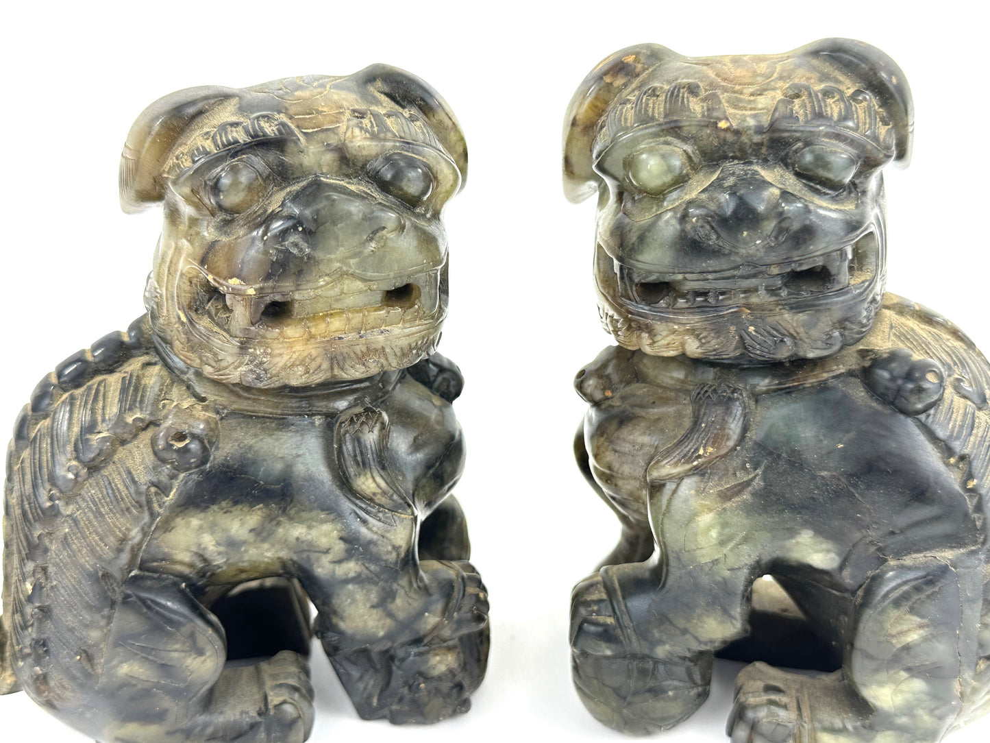 Pair of Hand-Carved Chinese Stone Foo Dogs (Shishi Guardian Lions) 20th C ~4"H